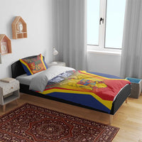 Blue flag bedding set with coat of arms and “Your Text” on comforter over bed