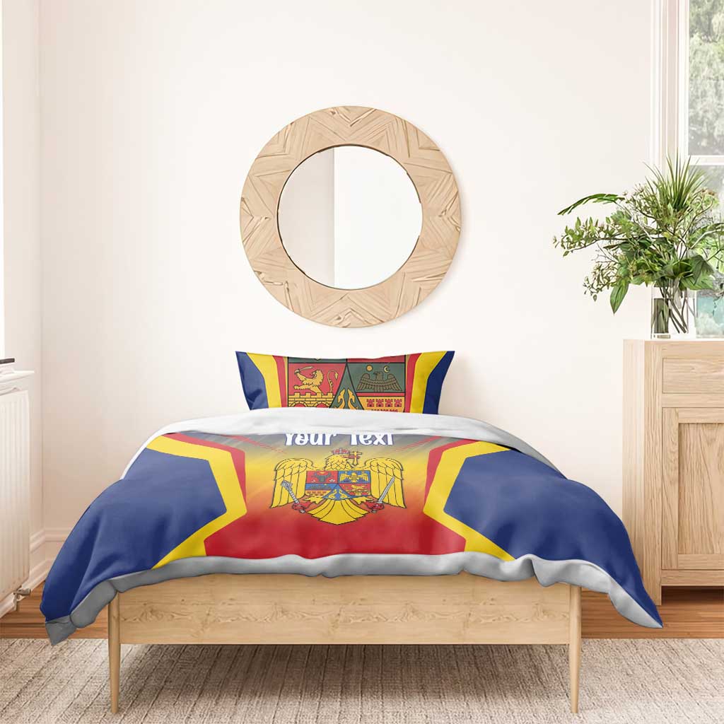 Blue flag bedding set with coat of arms and “Your Text” on comforter atop bed
