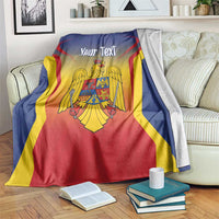 Personalized Romania flag blanket with coat of arms and 'Your Text' in blue, red, yellow