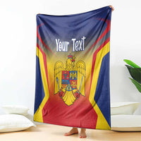 Personalized Romania flag throw blanket featuring coat of arms and 'Your Text' in blue, red, yellow