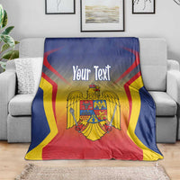 Personalized Romania flag blanket draped on a couch, with coat of arms and 'Your Text'