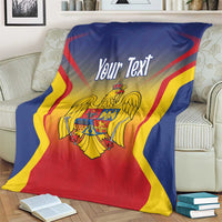 Personalized Romania flag blanket on a sofa with coat of arms and 'Your Text'