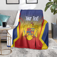 Personalized Romania flag blanket featuring coat of arms and 'Your Text' in blue, red, yellow