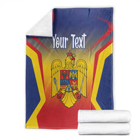 Folded personalized Romania flag blanket with coat of arms and 'Your Text' in blue, red, yellow