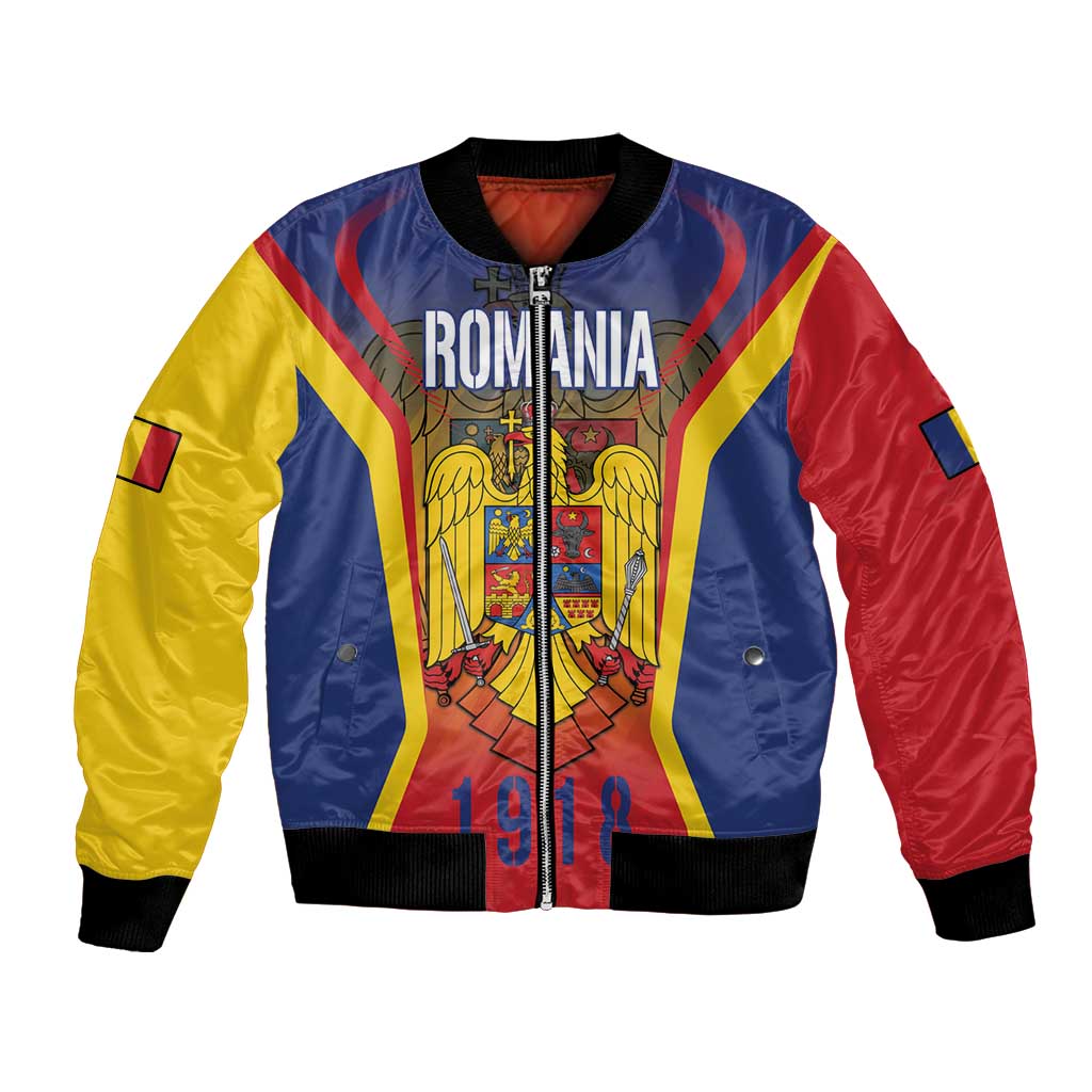 Personalized bomber jacket with ROMANIA crest, blue/yellow/red, black ribbed cuffs
