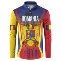 Blue button sweatshirt with Romania crest and 1918 graphic, full front view