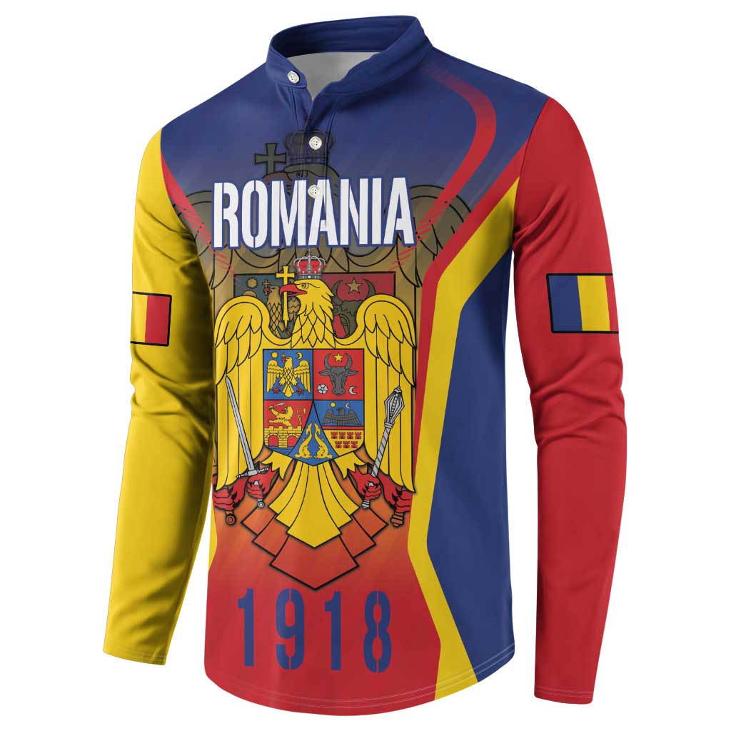 Blue button sweatshirt with Romania crest and 1918 graphic, three-quarter front view