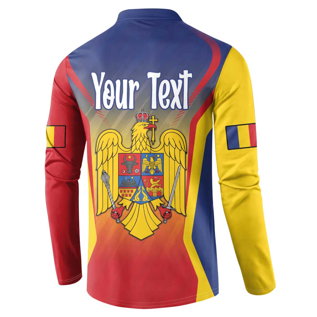Blue button sweatshirt back with 'Your Text' and crest graphic, full back view