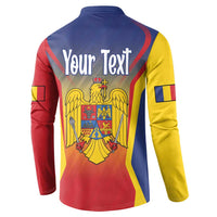 Blue button sweatshirt back with 'Your Text' and crest graphic, full back view