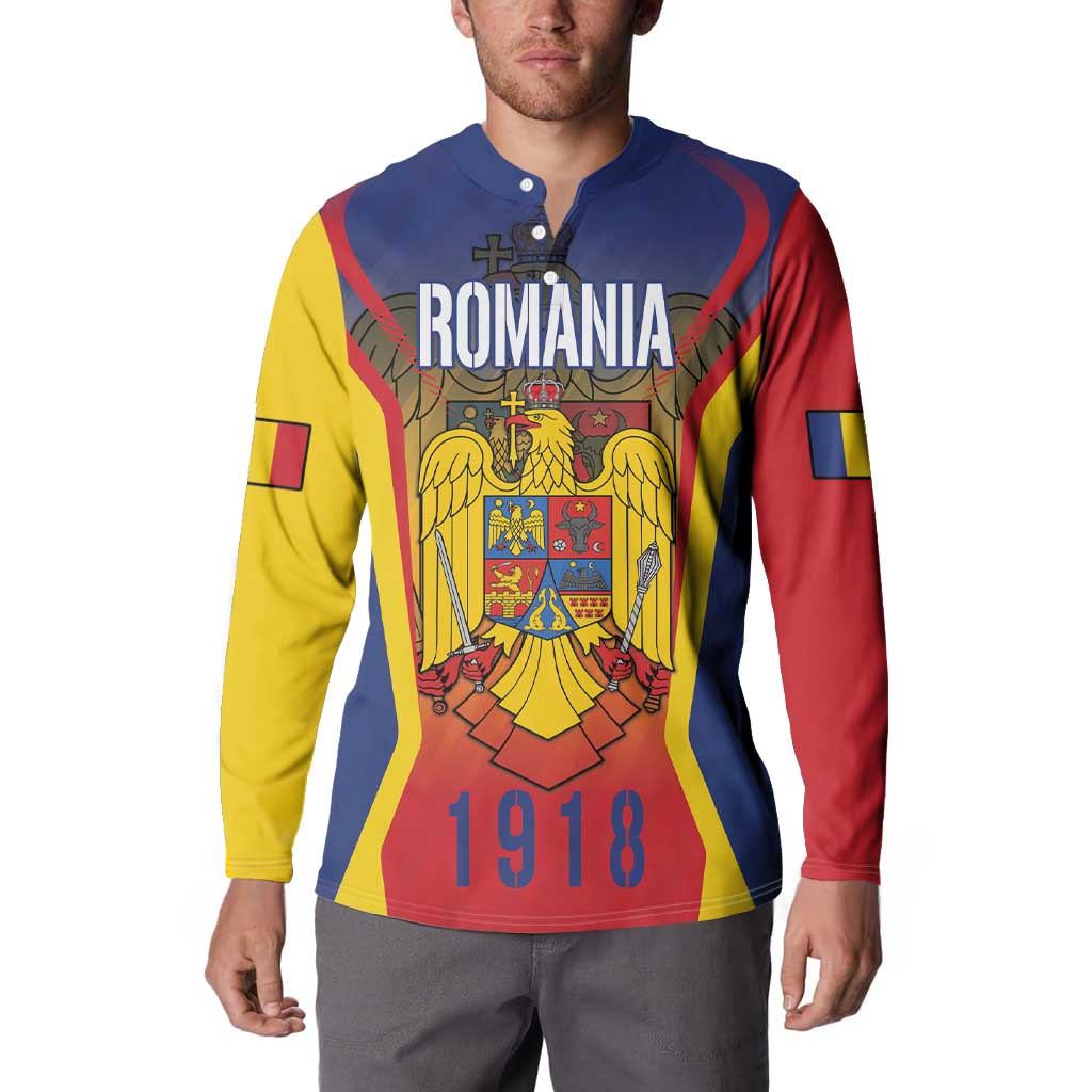 Blue button sweatshirt with Romania crest and 1918 graphic, worn model front