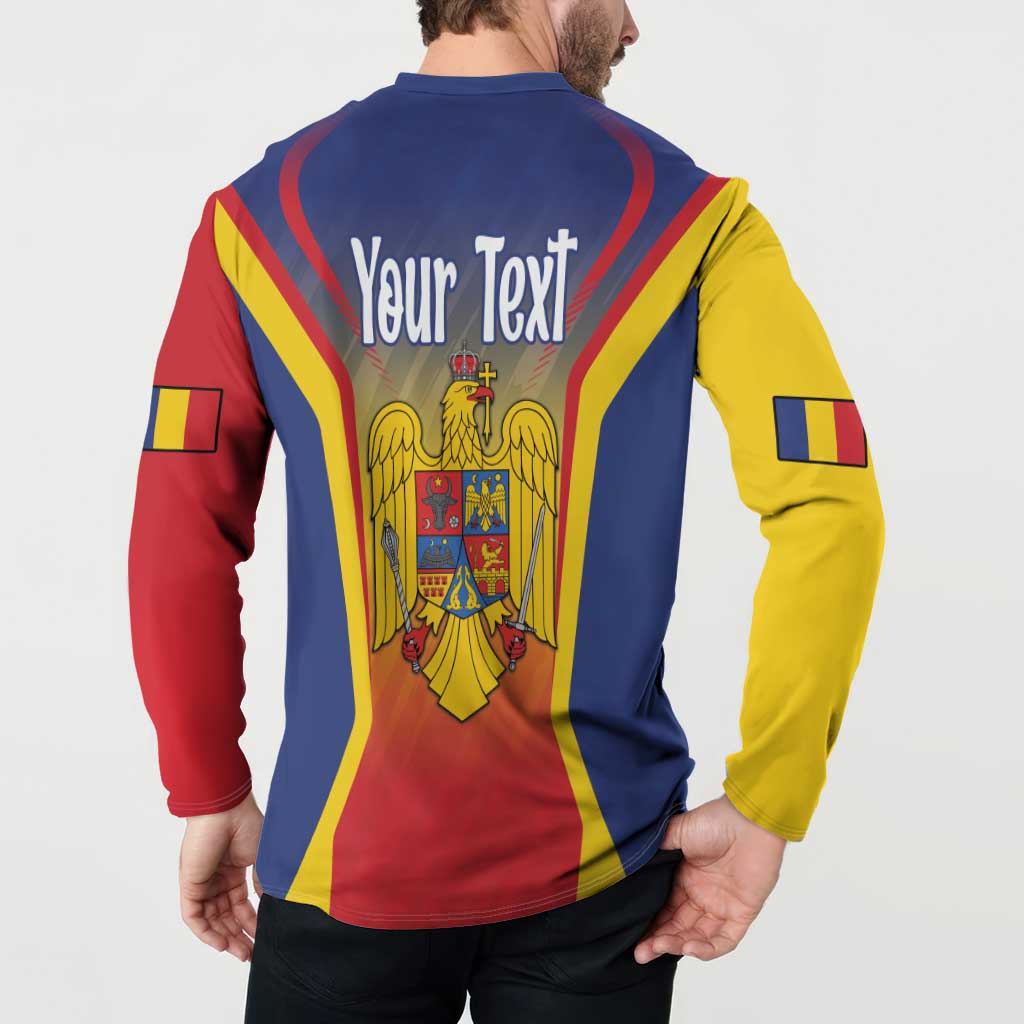 Blue button sweatshirt back with 'Your Text' and crest graphic, worn model