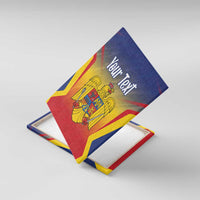 Angled canvas wall art with Romania crest and "Your Text" in blue, red, and yellow