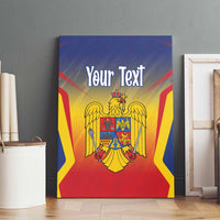 Framed canvas wall art with Romania crest and "Your Text" in blue, red, and yellow
