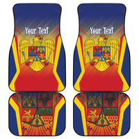 Set of four car floor mats with Romania crest flag design, blue border and 'Your Text'