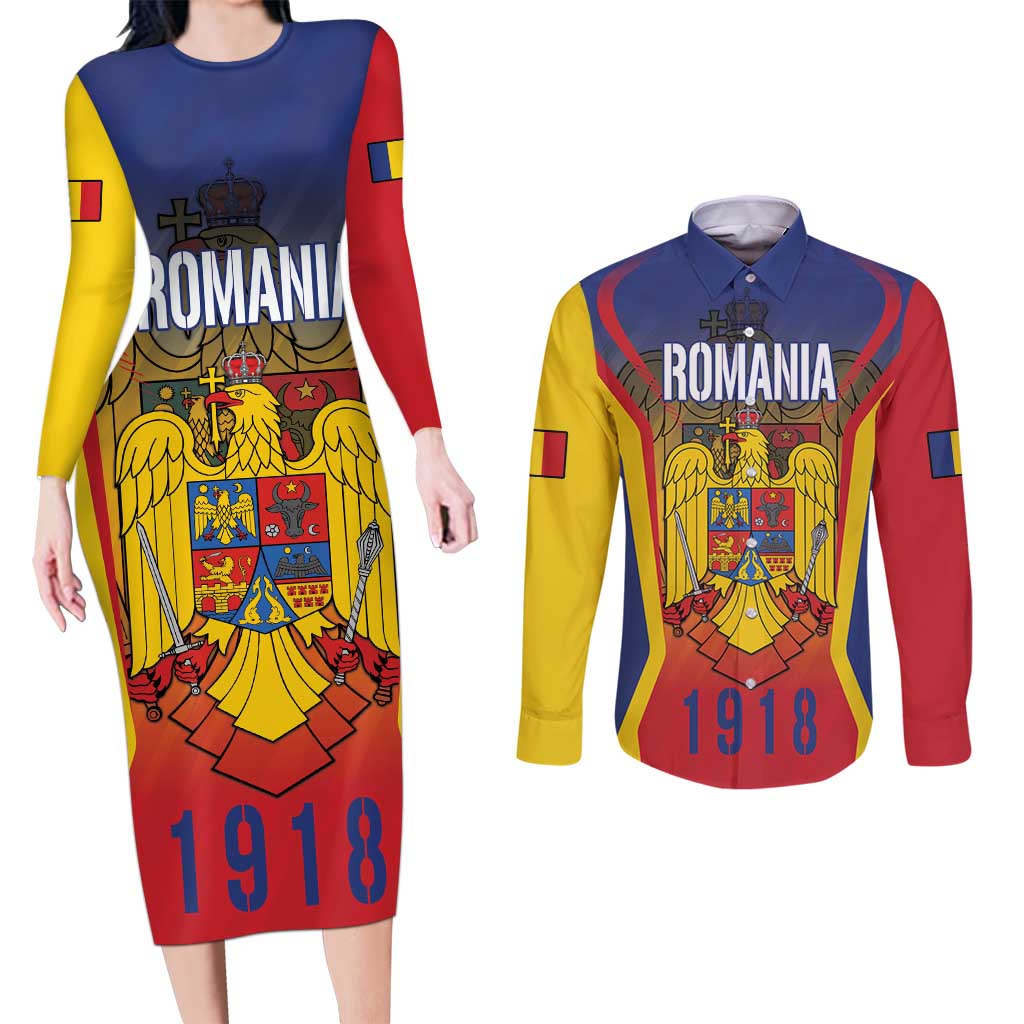 Personalized Romania Unification Day Couples Matching Long Sleeve Bodycon Dress and Long Sleeve Button Shirt Ziua Marii Uniri Since 1918 Dynamic Style - Wonder Print Shop