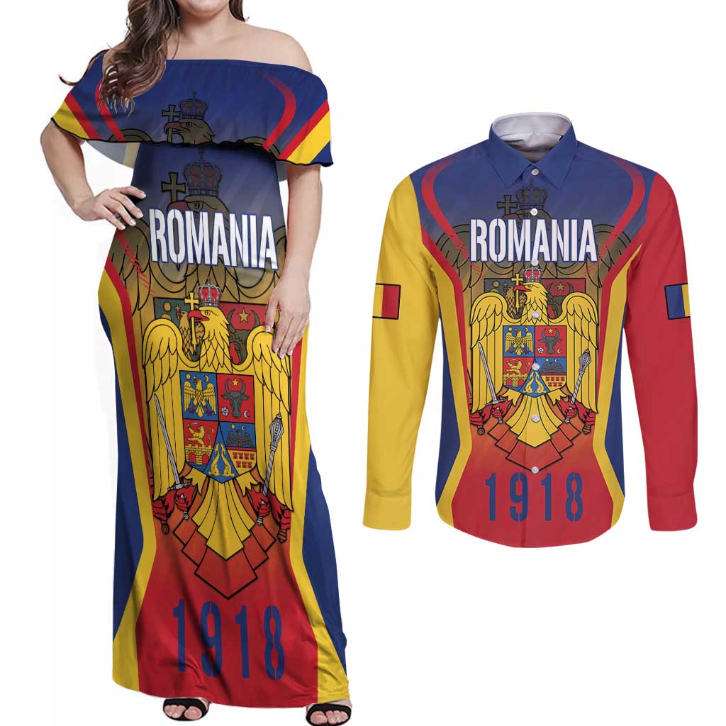 Personalized Romania Unification Day Couples Matching Off Shoulder Maxi Dress and Long Sleeve Button Shirt Ziua Marii Uniri Since 1918 Dynamic Style - Wonder Print Shop