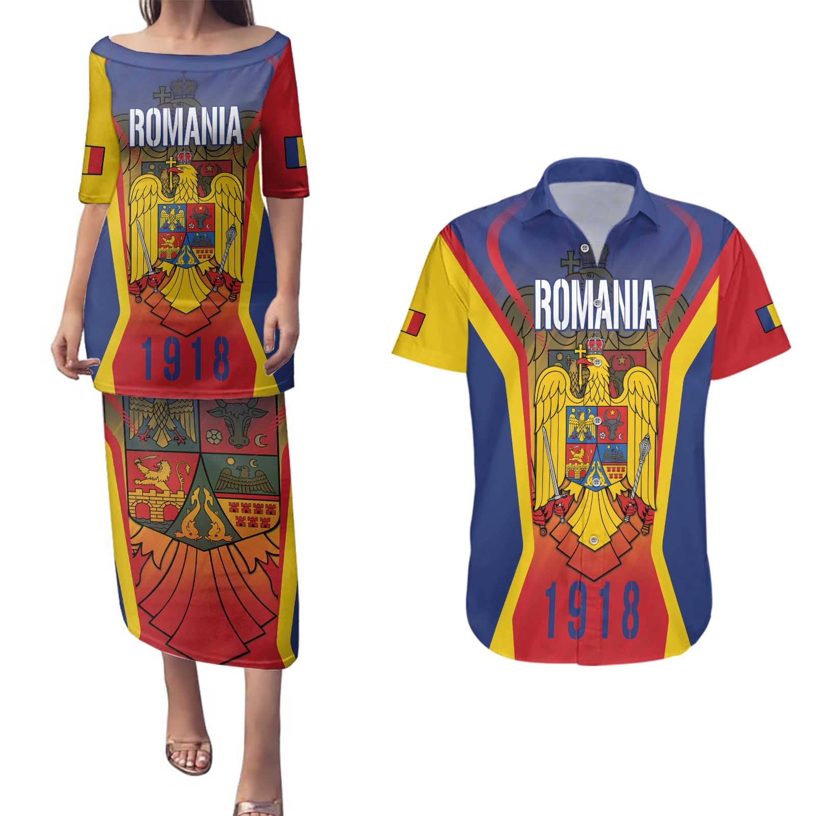 Personalized Romania Unification Day Couples Matching Puletasi and Hawaiian Shirt Ziua Marii Uniri Since 1918 Dynamic Style - Wonder Print Shop