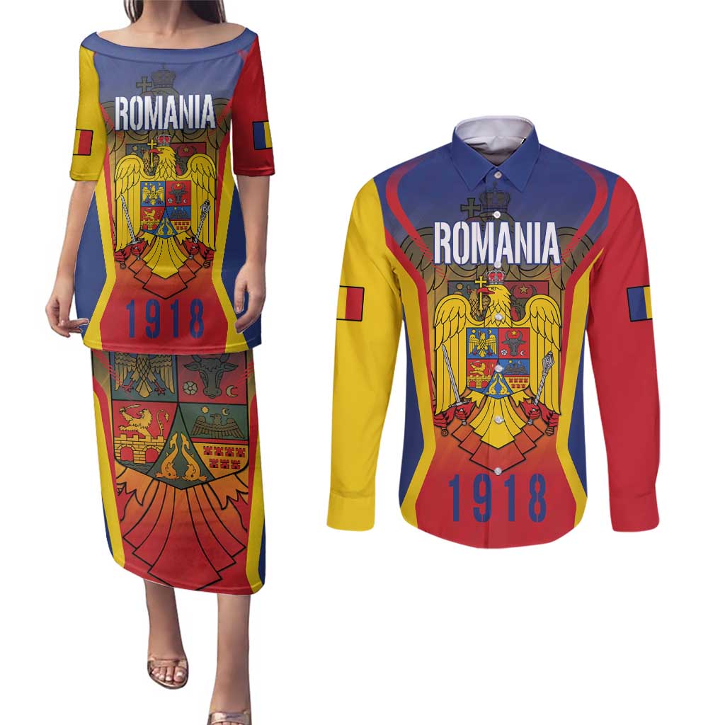 Personalized Romania Unification Day Couples Matching Puletasi and Long Sleeve Button Shirt Ziua Marii Uniri Since 1918 Dynamic Style - Wonder Print Shop