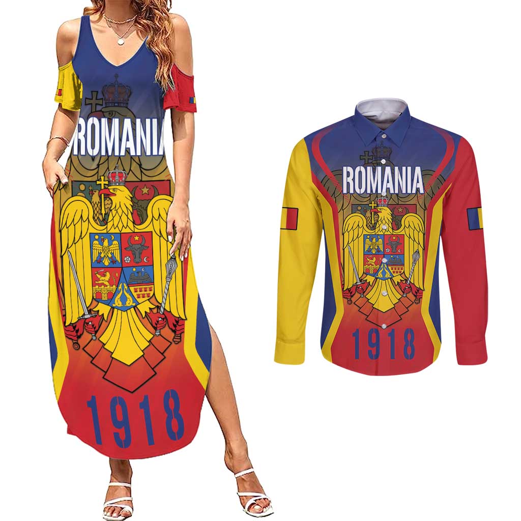 Personalized Romania Unification Day Couples Matching Summer Maxi Dress and Long Sleeve Button Shirt Ziua Marii Uniri Since 1918 Dynamic Style - Wonder Print Shop