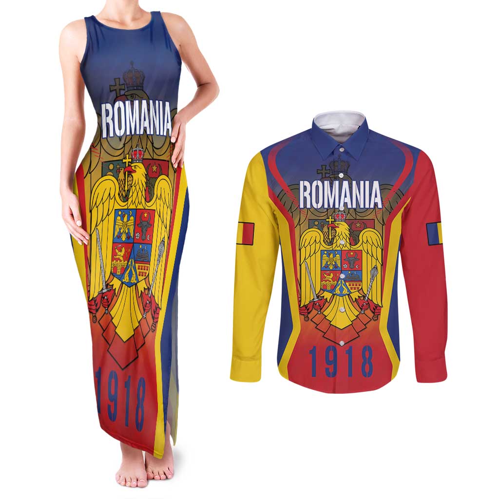 Personalized Romania Unification Day Couples Matching Tank Maxi Dress and Long Sleeve Button Shirt Ziua Marii Uniri Since 1918 Dynamic Style - Wonder Print Shop