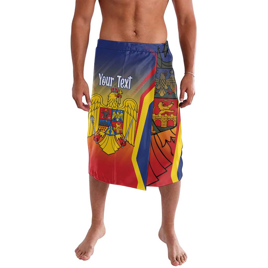 Personalized graphic shorts with blue waistband; red/yellow/blue Romanian-themed print
