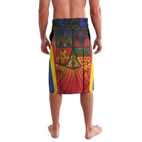 Personalized graphic shorts with blue waistband; colorful Romanian-themed print on back