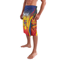 Personalized graphic shorts with blue waistband; Your Text on front, multicolor Romanian print
