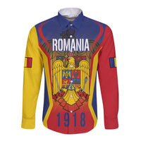 Long sleeve button shirt with Romania crest, 1918, and blue yellow red flag pattern