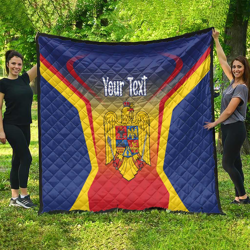 Large blue quilt featuring Romanian crest, red and yellow diagonal stripes, quilted fabric