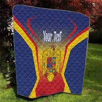 Blue quilt blanket with Romanian crest center, red and yellow border stripes, diamond quilting