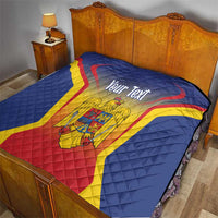 Blue quilt cover on bed with Romanian crest, red and yellow diagonal stripes, quilted texture