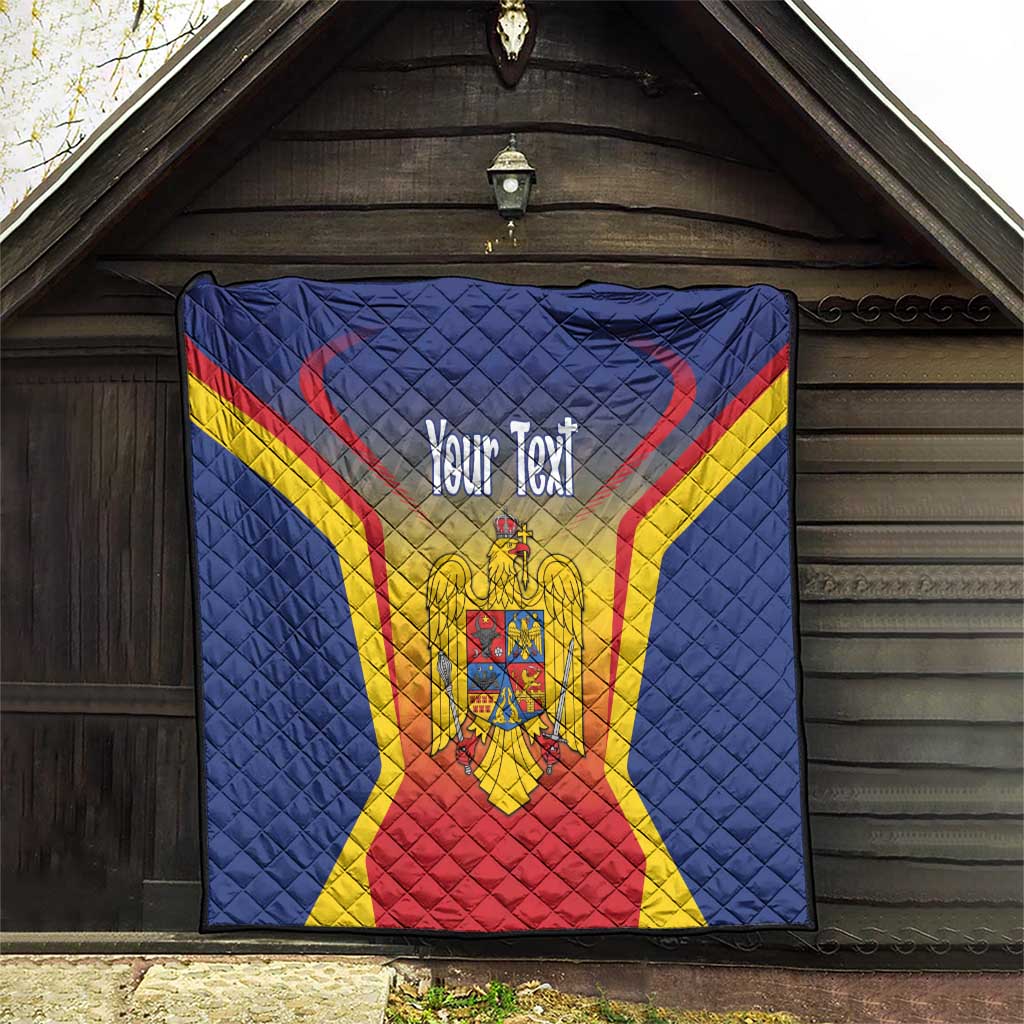 Blue quilt blanket with Romanian crest and customizable text, red yellow diagonal stripes
