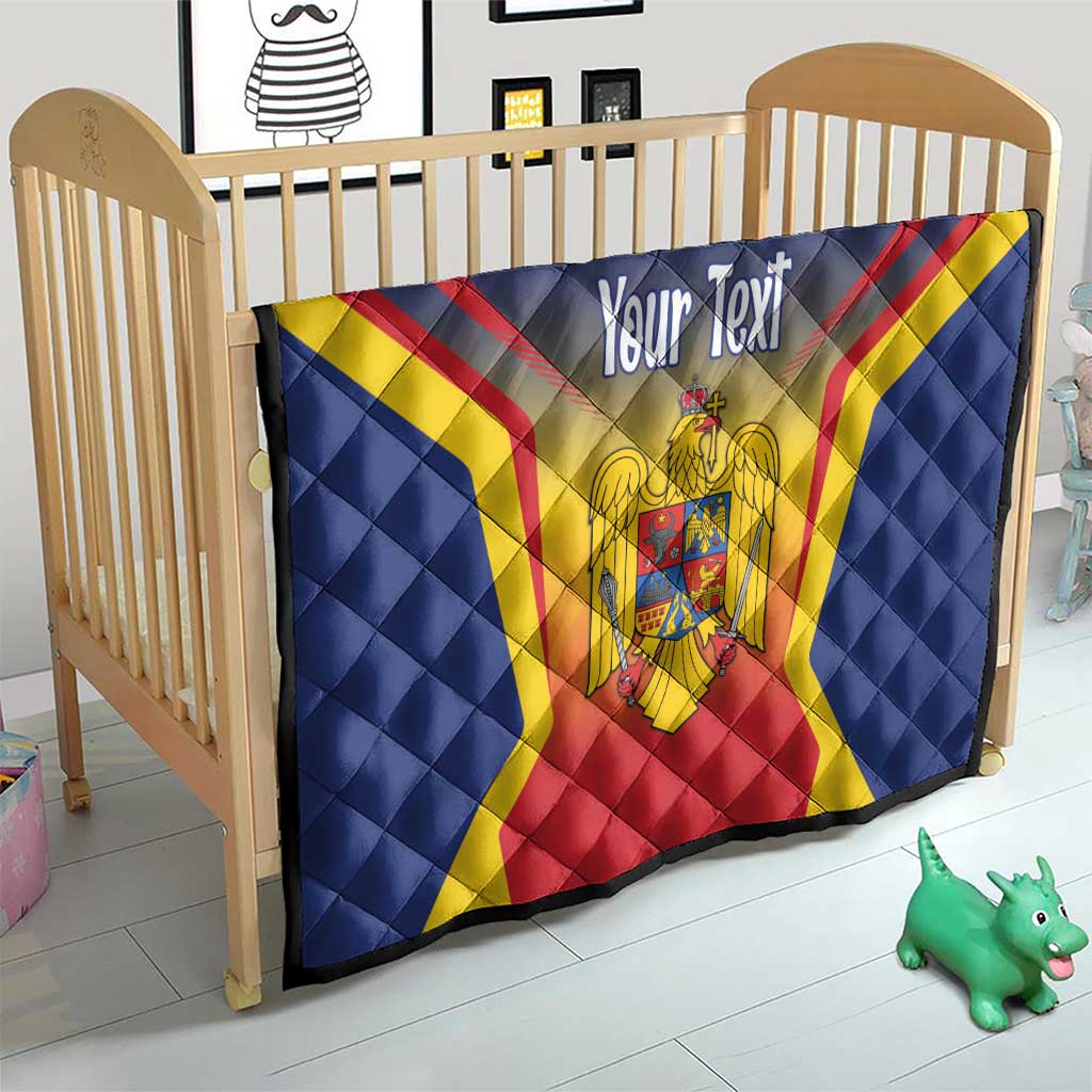 Blue quilt for baby bed with Romanian crest, customizable text, red and yellow stripe design