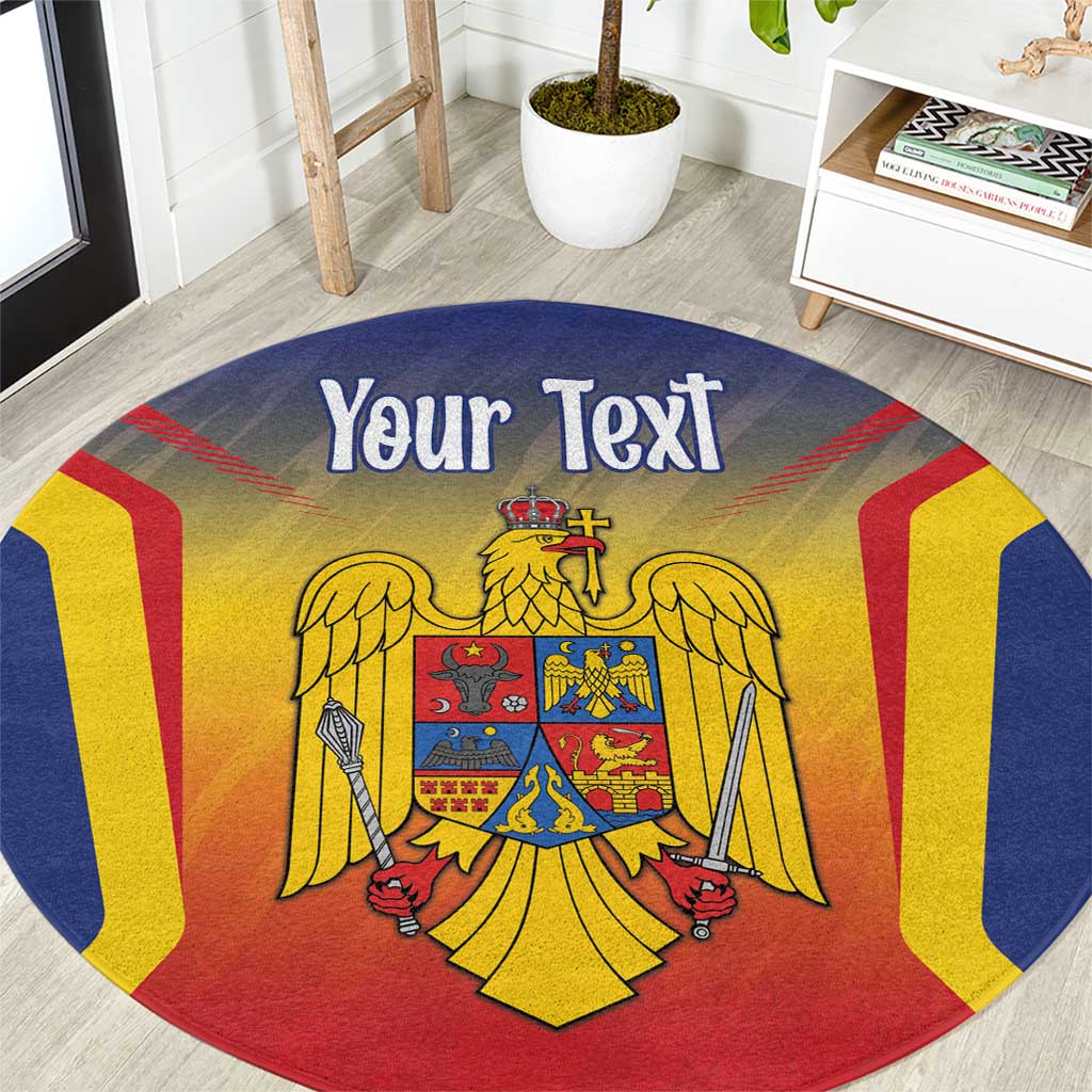 Round blue rug with crest emblem, red and yellow flag stripes, and 'Your Text'.