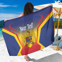 Personalized Romania flag sarong with crest and 'Your Text' in blue, red, yellow