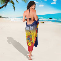 Personalized Romania flag sarong draped around back with crest and 'Your Text' panel