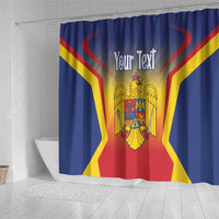 Personalized Romania unification shower curtain, blue with coat of arms, red-yellow rays, “Your Text”