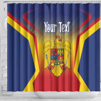 Personalized Romania shower curtain, blue background with centered crest, red-yellow rays, “Your Text”