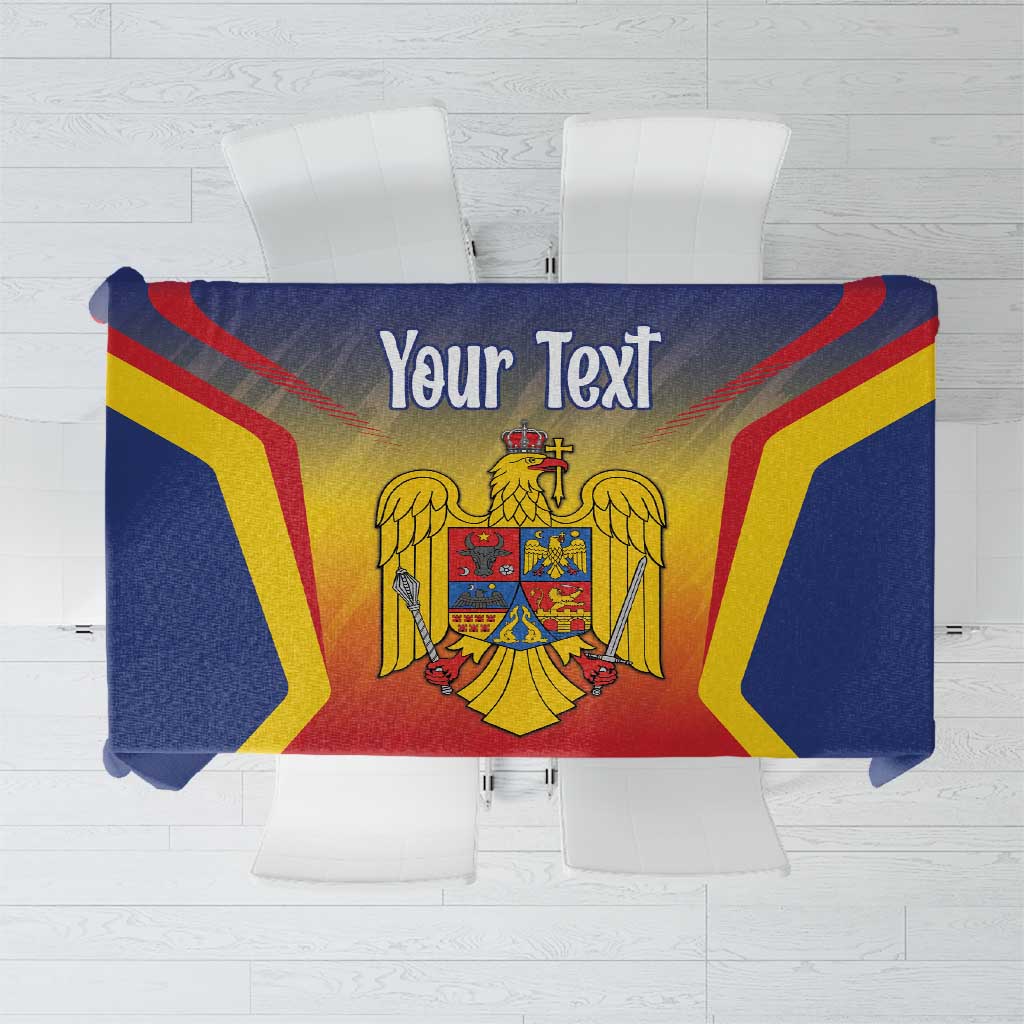 Personalized Romania Unification Day tablecloth with blue background, crest, and custom text