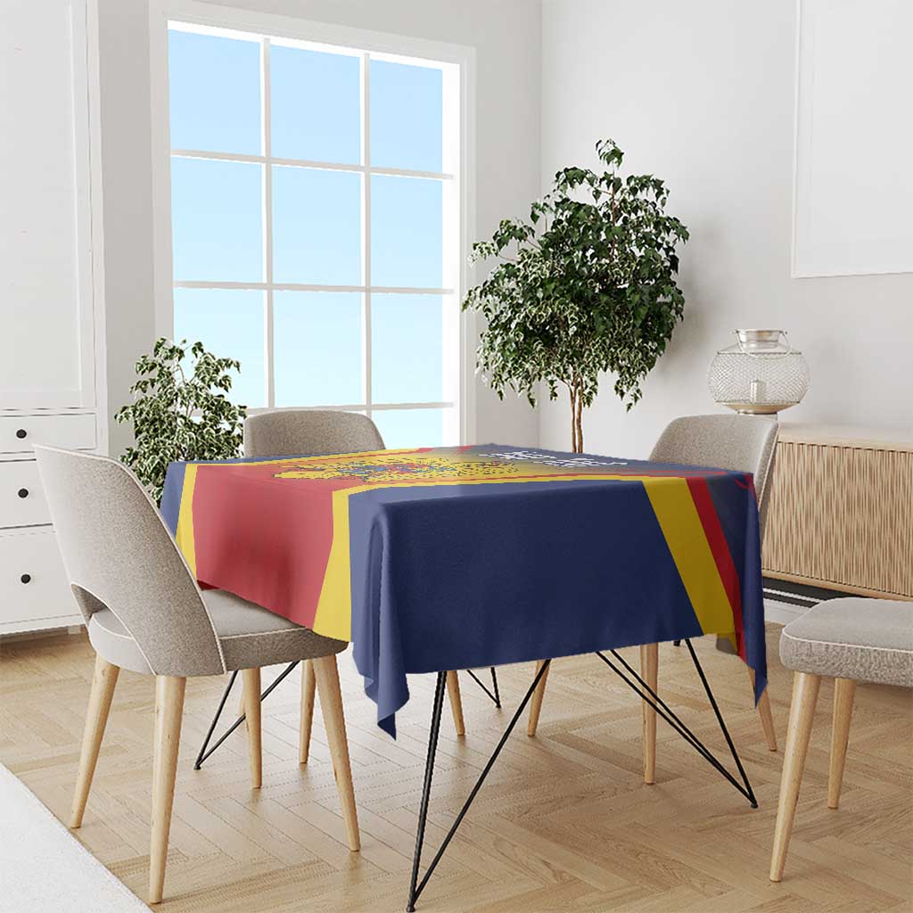 Personalized Romania Unification Day tablecloth in blue, red, and yellow on dining table