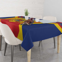 Personalized Romania Unification Day tablecloth draped over table edge, red and blue panels