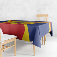 Personalized Romania Unification Day tablecloth with blue, red, and yellow geometric border