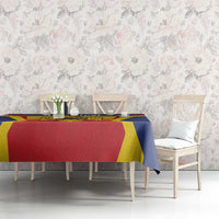 Personalized Romania Unification Day tablecloth on table with red, blue, and yellow blocks