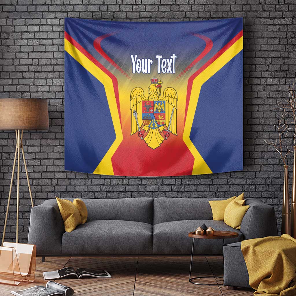 Blue Romania tapestry wall hanging with crest emblem and customizable text