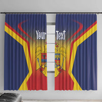 Personalized window curtain in blue with red and yellow crest and 'Your Text' print