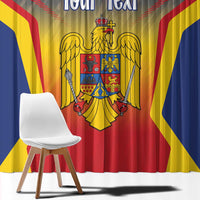 Personalized blue curtain close-up with red-yellow crest and 'Your Text' lettering