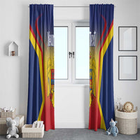 Personalized blue window curtains with red and yellow crest and 'Your Text' on two panels