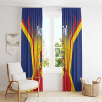 Personalized blue window curtain set with red-yellow crest and 'Your Text' text