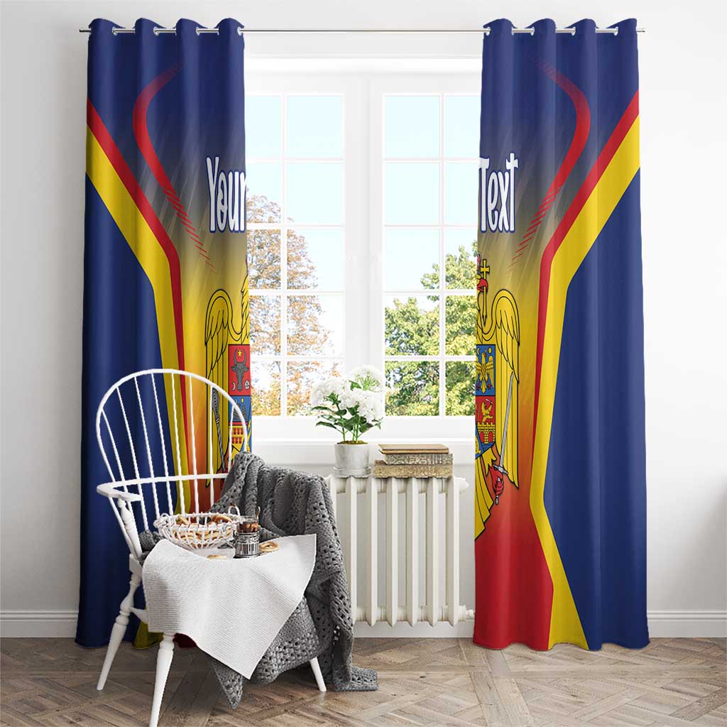 Personalized blue curtains with red and yellow crest and 'Your Text' across center