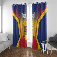 Personalized window curtain in blue with red-yellow crest and 'Your Text' between panels